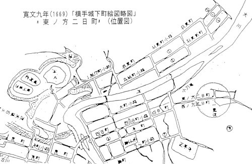 横手城下町絵図略図　東の方二日町位置図